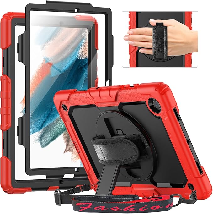 Timecity Case for Samsung Galaxy Tab A8 10.5 inch SM-X200/X205/X207 with 360 Degree Rotatable Kickstand Hand Strap Shoulder Strap for Samsung Galaxy Tab A8 Tablet 2022 Released Red