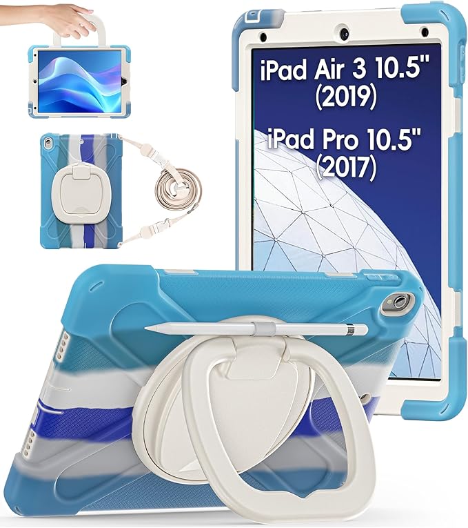 BATYUE 10.5 inch Case for ipad Air 3rd Generation 2019 / ipad pro 10.5 2017 Rugged Heavy Duty Protective Cover with Pencil Holder 360° Swivel Stand Shoulder Strap for Kids (Colourful Blue)