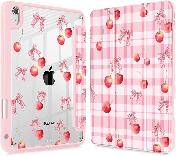 Case for iPad Air 11'' (M4 2026/M3 2025/M2 2024)/ iPad Air 10.9'' Air 5th /4th Gen Shockproof Cover with Clear Back Shell &amp Penceil Holder Auto Wake/Sleep Stand Cover Cherry Bow P704