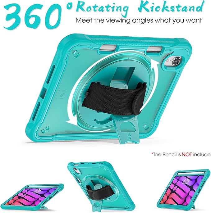 BRAECNstock Case for iPad mini 7 (A17 pro) 2024 &amp Mini 6 2021 8.3-inchShockproof Protective Cover with Pencil HolderScreen Protector360° Rotating Hand Strap/Stand-Light Blue
