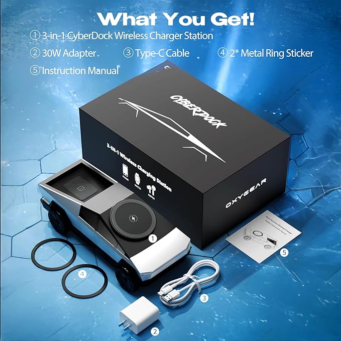 CyberDockV2 3-In-1 Wireless Charging Station Cybertruck 1:25 Scale Charger with Qi2 Certified 15W Charging for iPhone iWatch AirPods Magnetic Rotating Charger with Ambient Light 30W Adapter Sliver