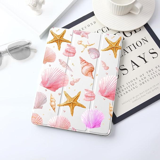 JOYLAND Conch Shell Case for iPad 10th Generation Case 10.9 inch/iPad (A16) 11th Generation 11 Inch 2025 with Pencil Holder-Trifold Stand Protective Cover with Soft TPU BackWhite