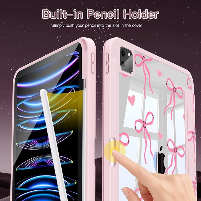 Teryeefi for iPad Air 11-Inch Case M4 (2026) M3 (2025) / M2 (2024) &amp iPad Air 4th/5th Generation iPad Pro 11 in 4th/3rd/2nd/1st - Clear Back Cover with Pencil Holder Auto Wake/Sleep (Cute Bows)