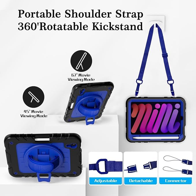 for iPad mini 7 A17 Pro/iPad mini 6 8.3 Inch Case iPad mini 7th/6th Generation Case (2024/2021) with Pencil Holder/Kickstand Hand Strap/Shoulder StrapBlack+Blue