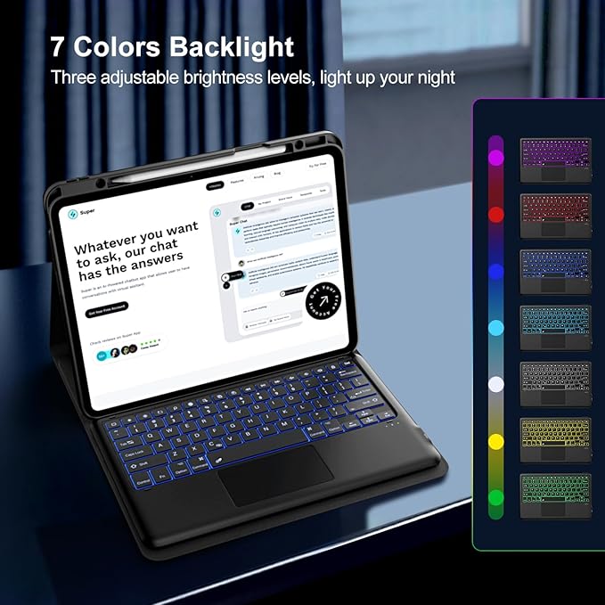 MoKo for iPad Pro 13 Inch Case with Keyboard (M4 2024) iPad Pro 13 Case with Pencil Holder Detachable Wireless Keyboard - Multi-Touch Trackpad - 7 Colors Backlight Multi Stand Black