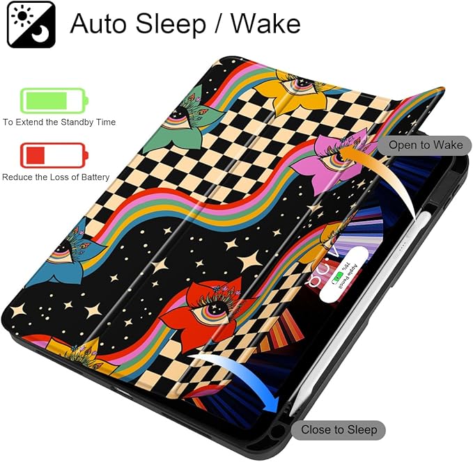 Tuiklol Case for iPad 11 inch (A16 Chip) 2025 Gen 11th / iPad 10.9 inch 2022 10th Gen Buit in Pencil Holder with Shockproof Cover Clear Transparent Back Shell Auto Wake/SleepFlowers &amp Eyes