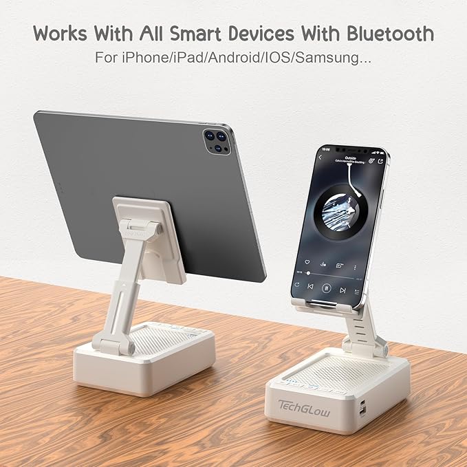 TechGlow Foldable Cellphone Stand with Bluetooth Speaker and Charging Function Birthday Gifts for Men Women Mother Father Brother Sister Teens Cool Tech Gadgets-White