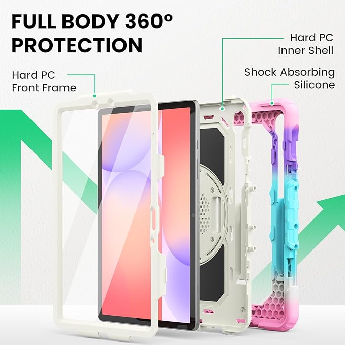 SEYMAC Case for Samsung Galaxy Tab S10 Lite/ S10 FE/ S9 FE/ S9 5G (10.9''/11'') Heavy Duty Shockproof Protective Case with Screen Protector Rotating Stand Hand Strap and Pen Holder Pink