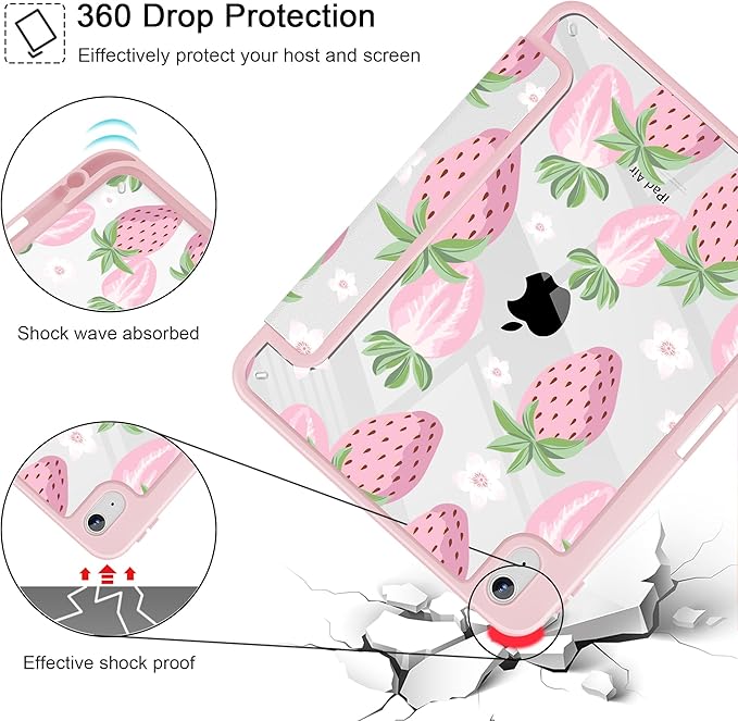 May Chen Case for iPad Air 13 Inch M4 2026 M3 2025 M2 2024 [Built-in Pencil Holder] Shockproof Cover with Clear Transparent Back Shell Auto Sleep/Wake Cover Strawberries