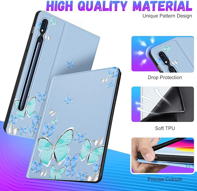 for Samsung Galaxy Tab S9 Plus Case 12.4 Inch 2023 Folio Cover with Pencil Holder Cute Pretty Design Girly Kawaii Blue Butterfly Tablet Case