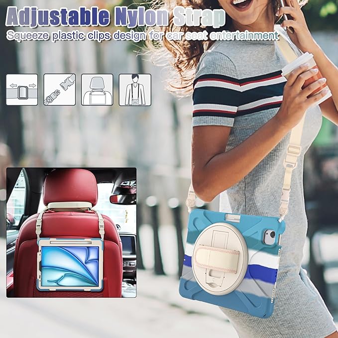 Batianda Case for iPad Air 11 inch 2025 M3 2024 M2 Chip Heavy Duty Rugged Durability Silicone Tablet Cover with 360° Rotating Hand Strap Foldable Hidden Stand &amp Shoulder Strap Colorful Blue