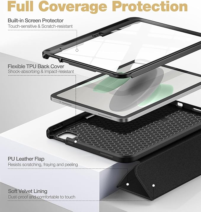 SURITCH for iPad 10th Generation Case 10.9 inches 2022 Built-in Screen Protector Apple Pencil Holder Magnet Tri-fold Stand Cover Auto Wake/Sleep Full Body Shockproof Protection Black