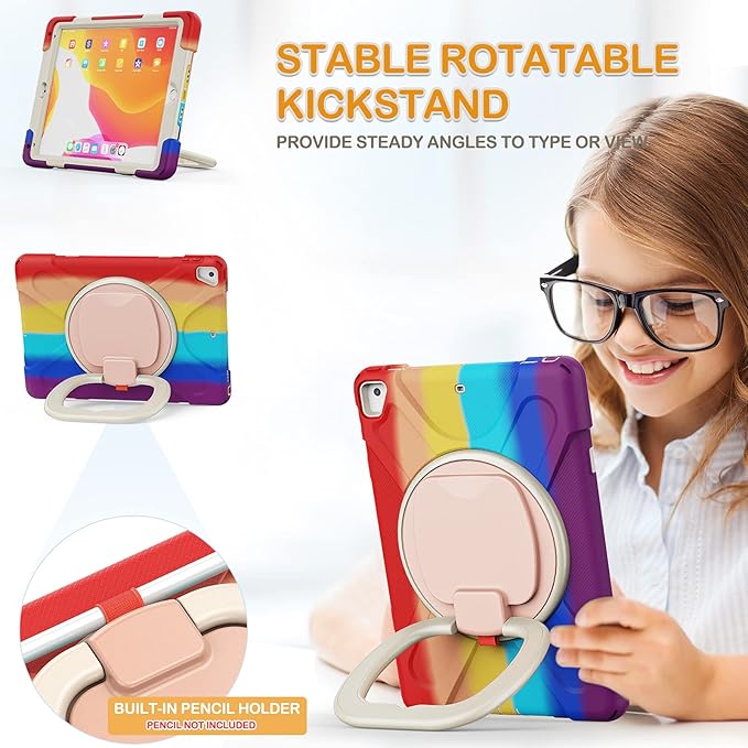 BRAECN Case for 9.7 Inch iPad 5th/6th Gen 2018/2017 Drop Protection Silicone Cover w/Pencil Holder Shoulder Strap Folding Handle Grip Kickstand for Kids Fit for iPad Pro 9.7”/Air 2- Colorful Red