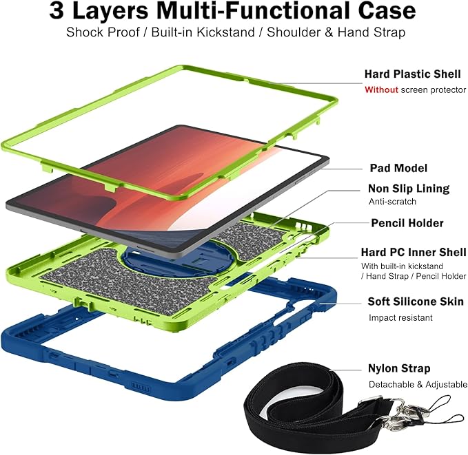 Tablet Case Compatible with Samsung Galaxy Tab S10 FE Plus 13.1 Inch 2025 Model (SM-X620/X626) CaseHeavy Duty Shockproof Rugged Protection Cover Stand &ampHand Strap+Shoulder Strap(Green)