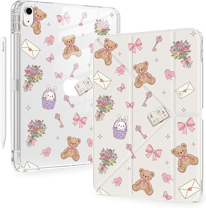 Cute Kawaii Bear Bow for iPad Pro 11 Inch Case 4th/3rd/2nd Generation 2022/2021/2020 with Pencil Holder Auto Sleep/Wake White Leather Acrylic Back Detachable Cover