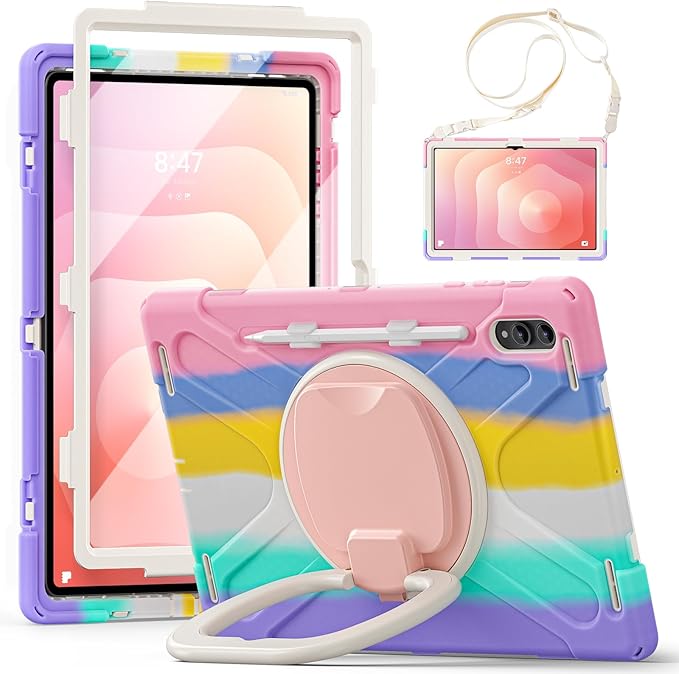 for Galaxy Tab S11 Ultra Rotating Case 14.6inch Heavy Duty Hybrid Rugged Case with S Pen Holder Shockproof Kids Cover with 360 Rotation Stand/Shoulder Strap (Colourful Pink)