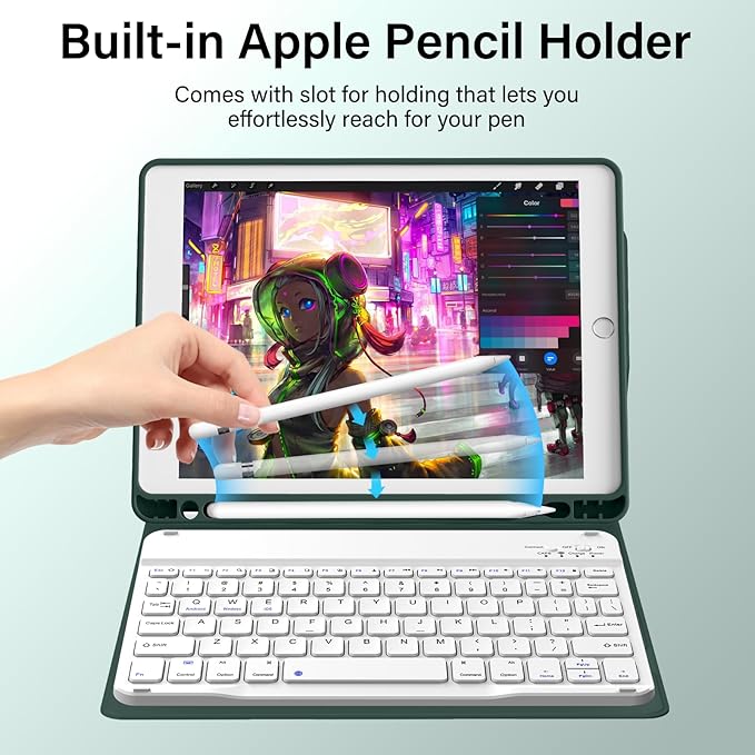 kenke for iPad 6/5th Generation Case with Keyboard 9.7 Inch 2018/2017 iPad Air 2/1 Detachable Wireless Bluetooth iPad Keyboard Case with Built-in Left Side Pencil Holder Auto Wake/Sleep(Dark Green)