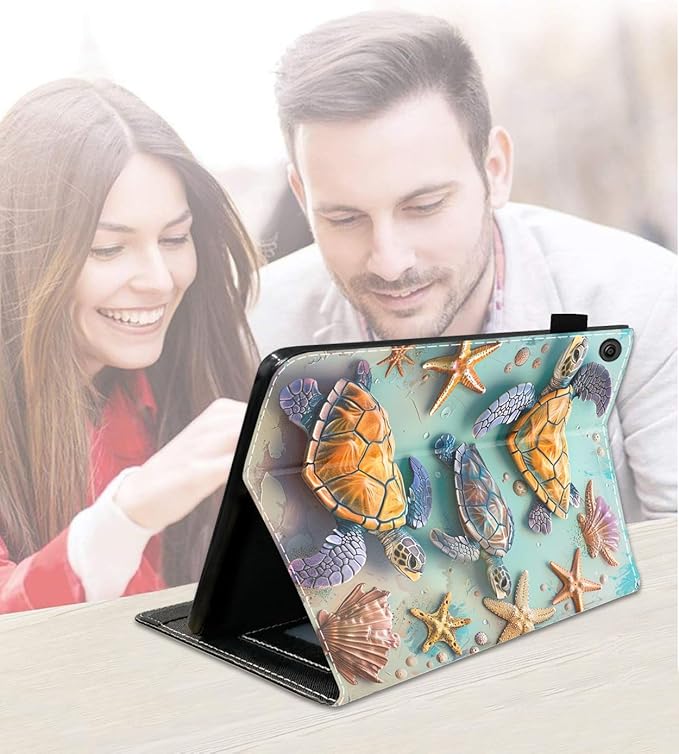 Case for Amazon Kindle Fire 7 Tablet (7 9th/7th Generation 2019/2017 Release) Slim PU Leather Cover with Card Slot &amp Auto Wake/Sleep Turtle Starfish Shell