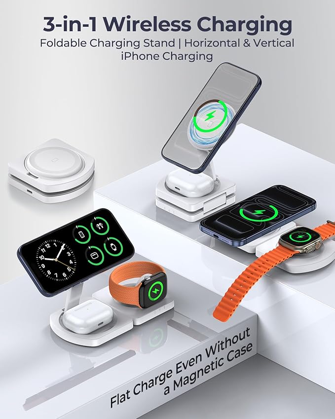 EGV Wireless Charger for iPhone 3-in-1 Magnetic Charging Station for Apple MagSafe Charger Stand for iPhone 17 Air 16 15 14 13 12 Series Airpods Pro Apple Watch Ultra Foldable No Adapter White