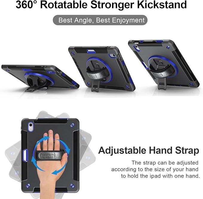 Case for iPad (A16) 11th/10th Generation Case: Protective Cover for iPad 11th Gen 11 Inch 2025 &amp10th Gen 10.9 2022 with Screen Protector- Stand- Shoulder Strap- Handle- Pencil Holder-Blue+Black