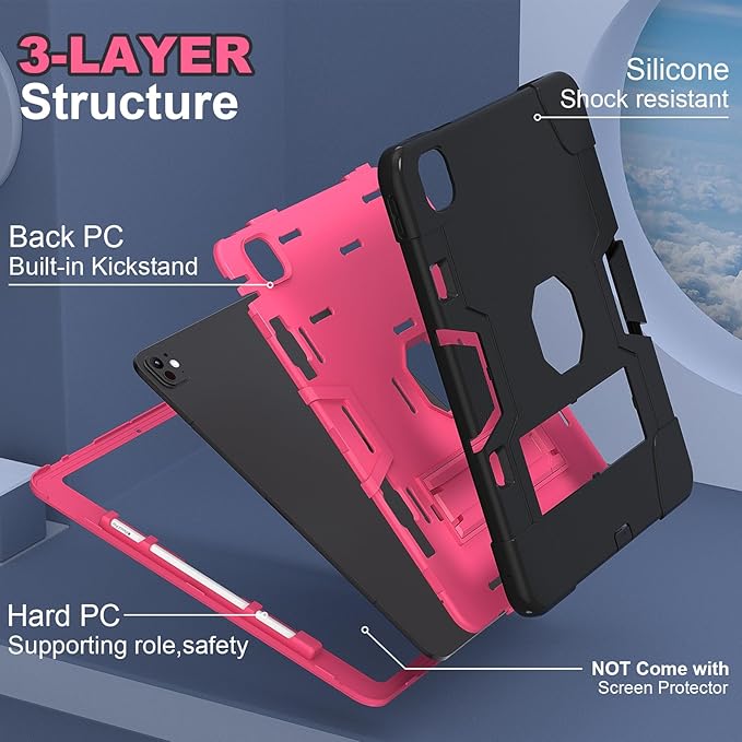 Tablet Case for iPad Pro 13 Inch M4 2024 (Model 7th Generation) Stand Heavy Duty Hard PC Soft Silicone Hybrid Protectice Case for iPad Pro 13” A2925 A2926 A3007 Black/Rose Red