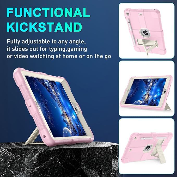Case for iPad 9th/8th/7th Generation 2021/2020/2019(10.2 inch) Heavy Duty Shockproof Rugged Protective 10.2 Cover with Built-in Stand for iPad 9 8 7 Gen(Off-White+Pink)