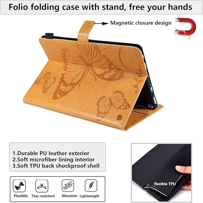 for Kindle Fire HD 10 &amp HD 10 Plus Case 13th/11th Generation 10.1 (2023/2021) Stand Embossed PU Leather Magnetic Wallet Cover with Pencil Holder/Pockets [Auto Wake/Sleep] Yellow Butterfly