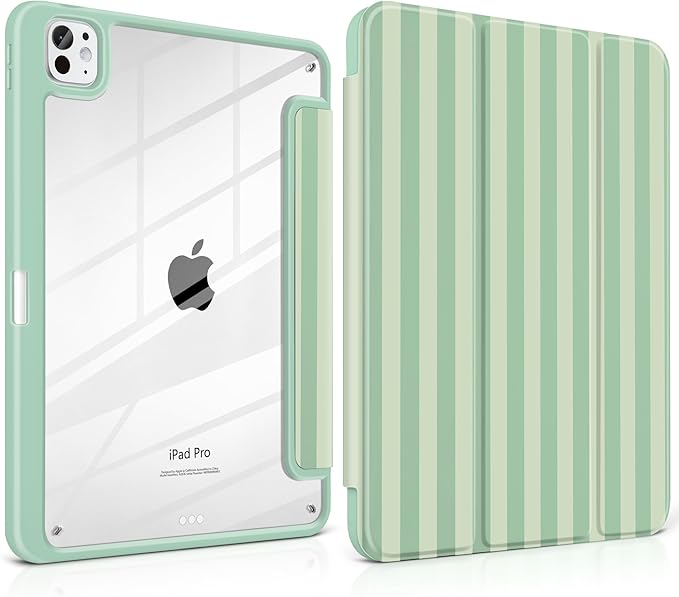 Case for iPad Pro 11 Inch (M5 2025 M4 2024) – [Built-in Pencil Holder] Shockproof &amp Stylish Clear Hard Back + Soft TPU Edge Magnetic Trifold Stand Auto Wake/Sleep Green Striped