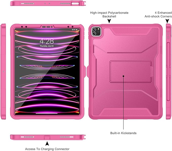 Soke Case for iPad Pro 12.9 Inch 6th/5th/4th Generation(2022/2021/2020 Release) Rugged Shockproof Protective Cover with Built-in Kickstand for Apple iPad Pro 12.9 - Hot Pink