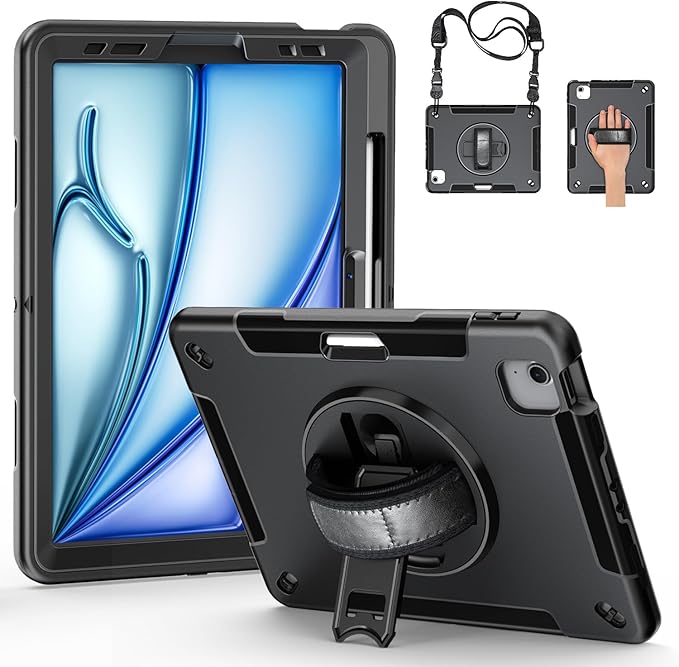 Junfire Protective Case for iPad Air 11-inch M4/M3/M2 (2026/2025/2024) Shockproof Rugged iPad Air 11 Case with 360°Rotating Kickstand/Hand Strap/Shoulder Strap/Stylus Holder-Black