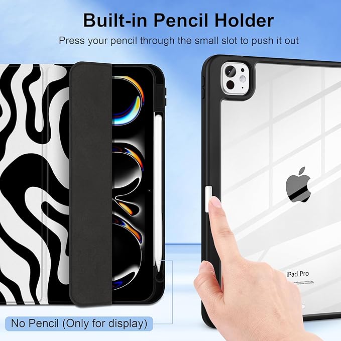TWOLSKOO Case for iPad Pro 11-inch (M5 2025 / M4 2024) Clear Acrylic Back with TPU Bumper Pencil Holder Trifold Stand Auto Sleep/Wake Black Waves
