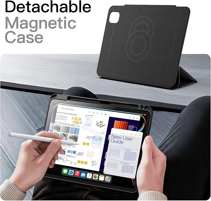 JETech Magnetic Detachable Case for iPad Pro 11-Inch M5/M4 (2025/2024) with Pencil Holder Removable Rotating Clear Cover Portrait/Landscape Stand with Raised Screen View (Black)