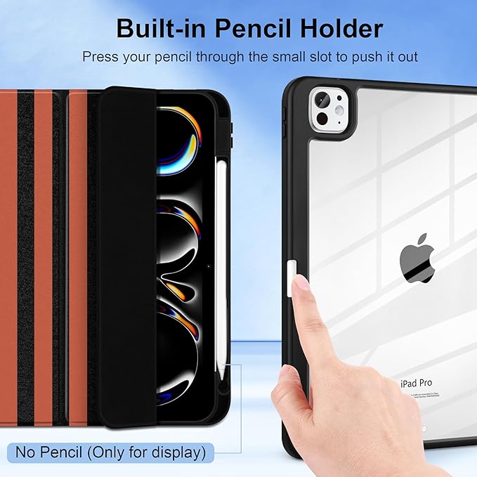 DONGKE for iPad Pro 11-Inch Case (M5 2025 / M4 2024) 6th/5th Generation [Auto Sleep/Wake &amp Pencil Pro Holder] Clear Acrylic Back Smart Trifold Stand Cover Orange Stripes