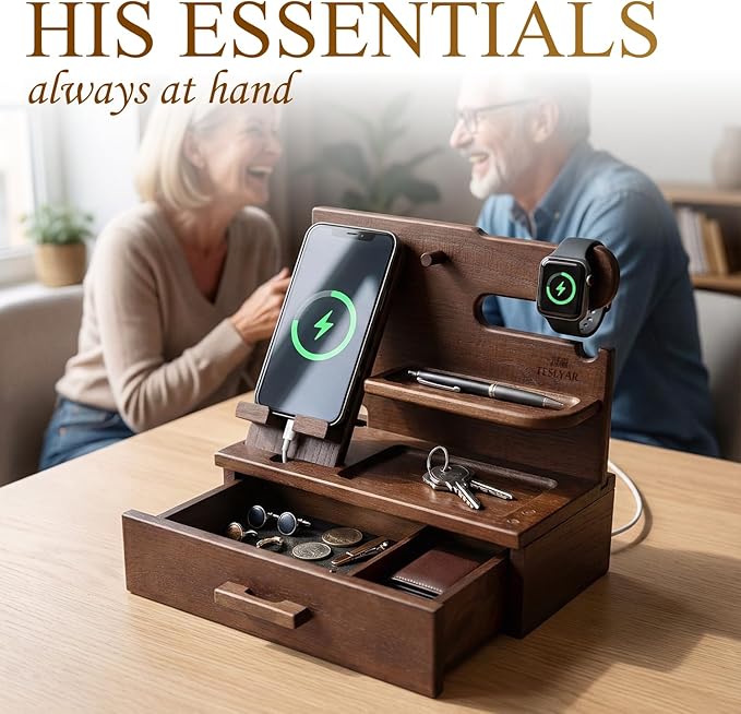TESLYAR Wood Phone Docking Station with Drawer - Nightstand Organizer - Desk Organizer for Husband - Birthday Gifts for Men Dad Anniversary Idea Key Holder Stand Watch &amp Accessories (Bourbon Br