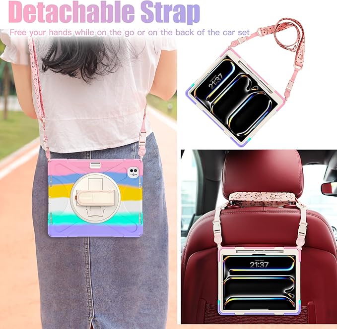 BRAECNstock Kids Case for Apple iPad Pro 13 inch M5 2025 / M4 2024 Shockproof Protective iPad 13 Pro Case with Pen Holder [360 Rotating Hand Strap &amp Stand] Shoulder Strap Colorful Pink