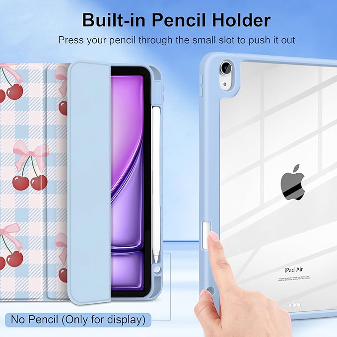 DONGKE Case for iPad Air 11-inch M4 2026 &amp M3 2025 &amp M2 2024 iPad Air 5th/4th Generation 10.9 2022/2020 [Built-in Pencil Holder] Clear Acrylic Back Trifold Stand Smart Cover Blue Cherry