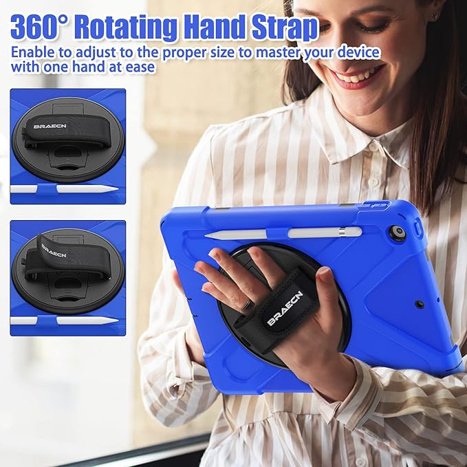 BRAECNstock for Apple iPad 9th/ 8th/ 7th Generation Case 10.2 2021/2020/2019 Shockproof Protective iPad 10.2 inch Kids Case with Screen Protector Pencil Holder Rotating Stand+Hand Strap Blue