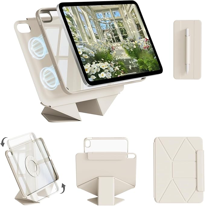 Case for iPad 11-Inch (A16) 11th Generation/ 10.9-Inch 10th Gen (2025/2022) with Pencil Holder Detachable Magnetic 360° Rotating Clear Protective Cover Portrait/Landscape Stand White Cream