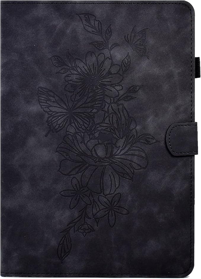 Folio Case for Amazon Kindle Fire HD 8/Fire HD 8 Plus (12th/10th Generation 2024/2022/2020) 8 with Stand/Pencil Holder [Auto Sleep/Wake] Embossed PU Leather Smart Cover Black Butterfly Flower