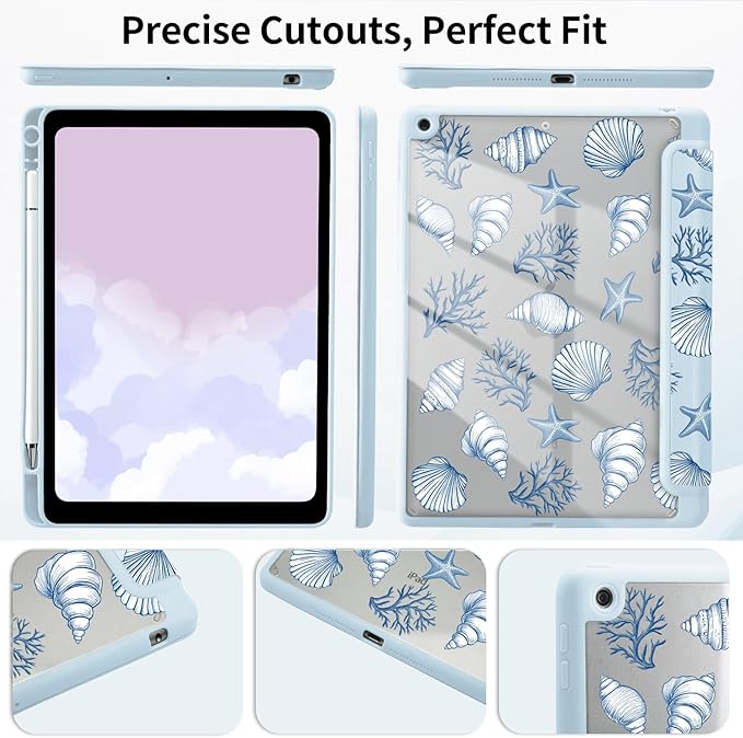 Blue Ocean Seashell Case for iPad Air 13 Inch M2/M3(2024/2025) with Pencil Holder Cartoon Girly Leather Clear Back Shell Foldable Protective Cover