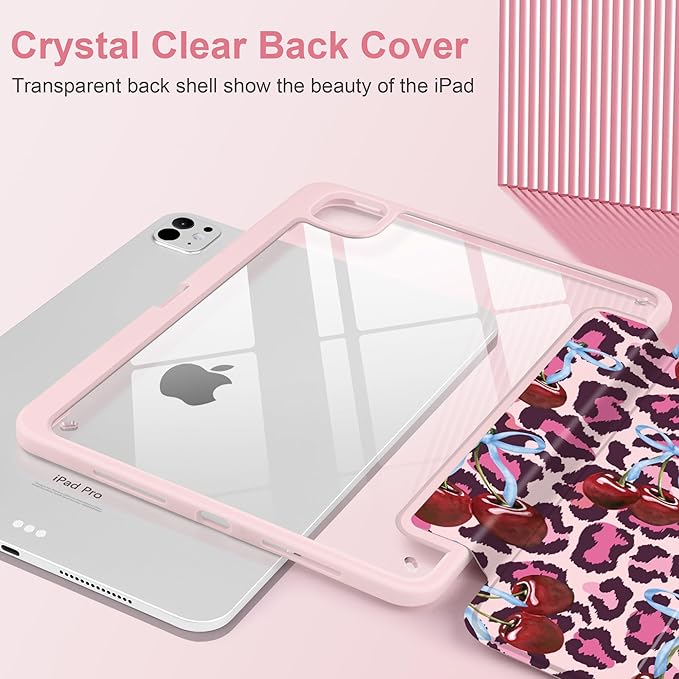 TWOLSKOO Case for iPad Pro 11-inch (M5 2025 / M4 2024) Clear Acrylic Back with TPU Bumper Pencil Holder Trifold Stand Auto Sleep/Wake Bows &amp Cherries