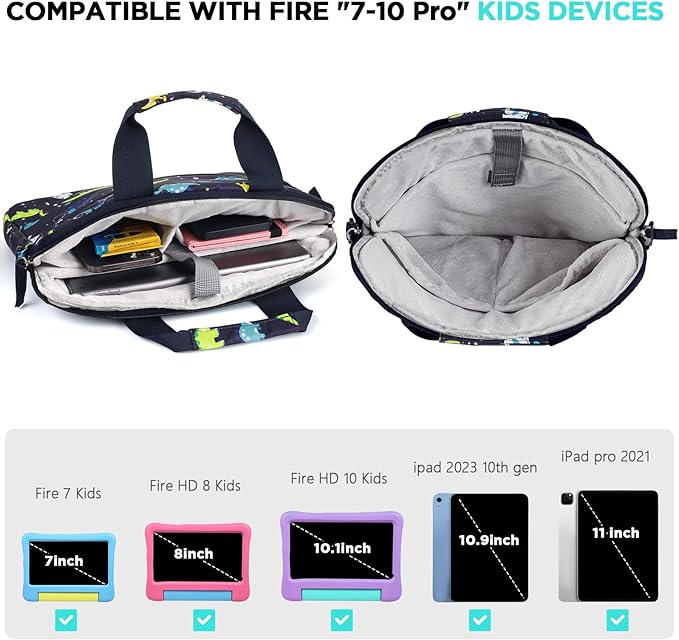 Kids Tablet Bag for Boys Kids Tablet Carrying Case for Fire HD 10 HD 8 Fire 7 Sleeve Bag Kid Kindle Bag iPad Bag for Kid Dinosaur Navy