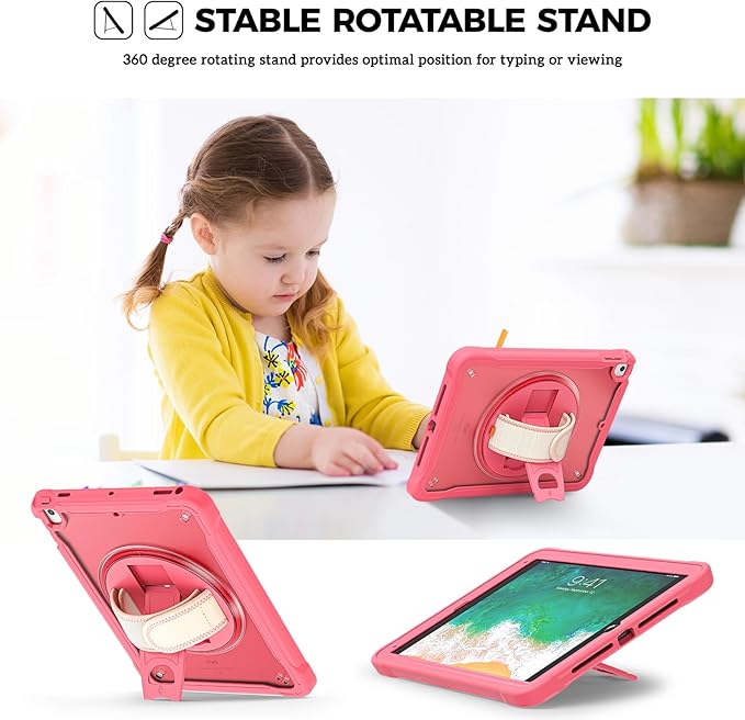 ProCase Rugged Case for iPad 9.7 Inch 5th 6th Gen/iPad Air 2 / iPad Pro 9.7 Case Heavy Duty Shockproof Rugged Cover with Hand Strap 360 Degree Rotatable Kickstand Protective for iPad 9.7 -Melonpink
