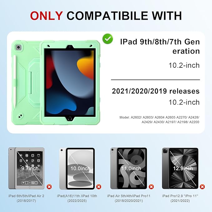 Case for iPad 9th Generation (2021) /iPad 8th Gen (2020)/iPad 7th Gen (2019) Military Grade Shockproof iPad Case Built-in 360°Rotating Stand/Pen Slot/Shoulder Strap for iPad 10.2 (Mint)