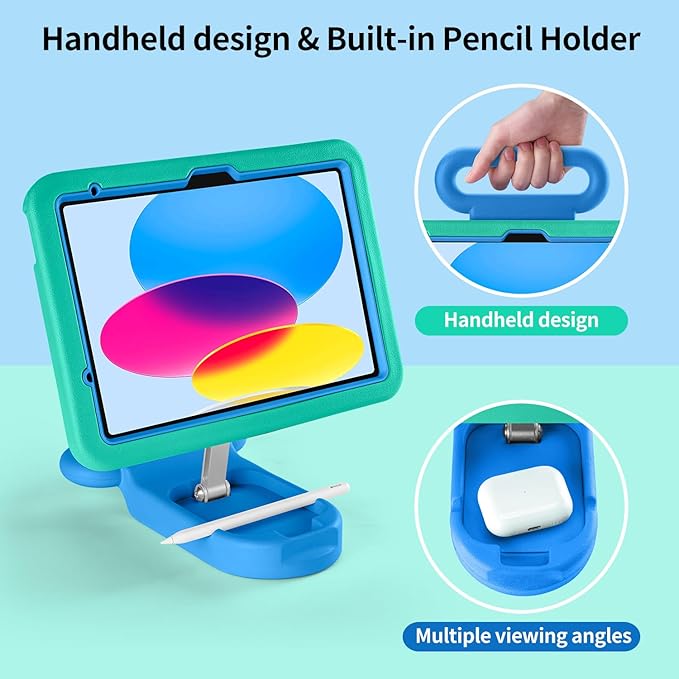 Kids Case for iPad (A16) 11th/10th Gen 10.9'' 2025/2022Adjustable Portrait/Landscape Stand/Drop Proof with HandleChild Friendly Case for iPad Air 11 (M4/M3/M2) 2026/2025/2024 (Greenblue)
