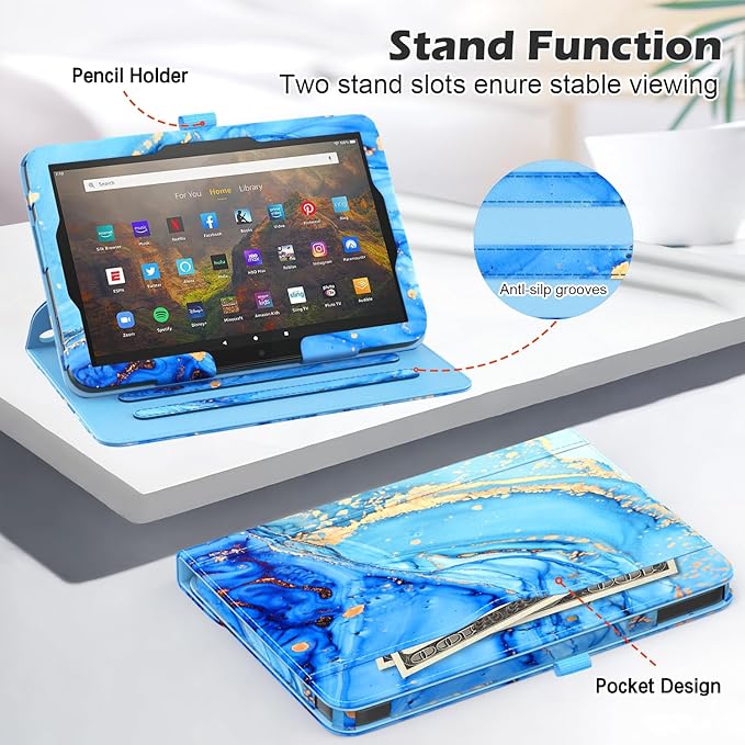 Case for Fire HD 10 Tablet (13th/ 11th Generation 2023/2021 Released) 360 Degree Rotating Stand PU Leather Cover with Pencil Holder Auto Sleep/Wake for HD 10/10 Plus Marble Blue