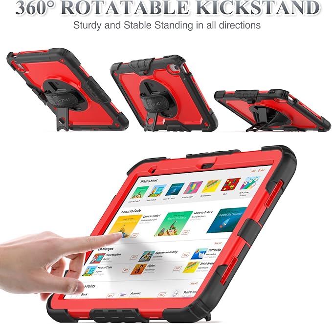 SEYMAC stock Case for iPad (A16) 11th/10th Generation 11''/10.9'' 2025/2022 Full-Body Drop Protection Case with Screen Protector &amp360° Rotate Hand Strap/Stand Red+SiliconeBlack