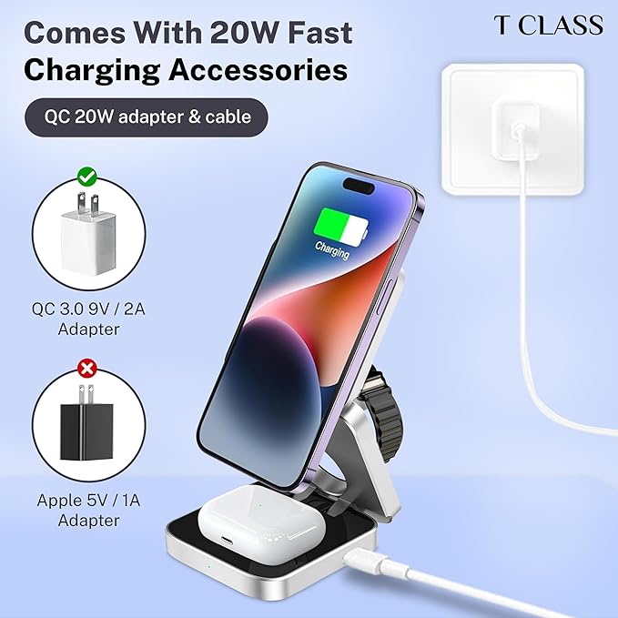 Wireless 3 in 1 Magnetic Charging Station Portable Foldable Fast Charge Travel | Black and Silver Mobile Phone Holder | with Extra Magnetic Ring | New Anti-Slip Earbud Base Charger