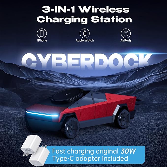 CyberDock 3-in-1 Wireless Charging Station Cybertruck 1:25 Scale Charger with Qi2 Certified 15W Charging for iPhone iWatch AirPods Magnetic Rotating Charger with Ambient Light 30W Adapter Red