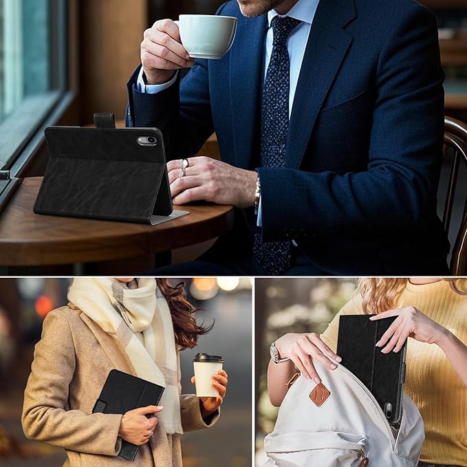Genuine Leather Case for Ipad (A16) 11th Gen 11 inch 2025 and Ipad 10th Gen 10.9 inch 2022 with Pencil Holder Protective Shockproof Smart Folio Cover Adjustable StandAuto Wake/Sleep Black
